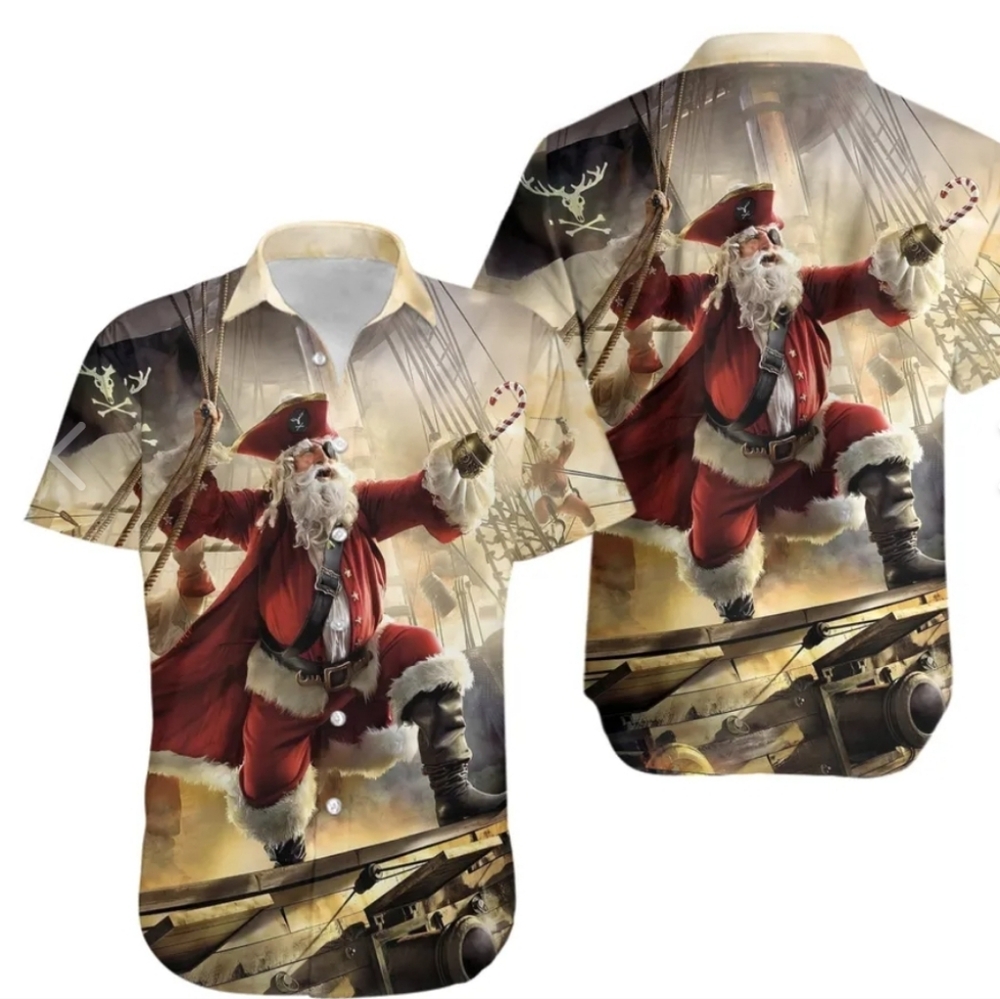 Pirate Santa Hawaiian Button Down XXL Shirt
